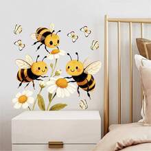 Cartoon Bee & Flower Wall Decal, Self-Adhesive Removable Glass Decor For Home - A - View 3