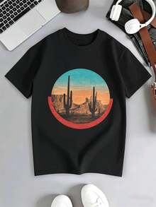 DesertSunsetGraphic M En's T -SHIRT In Soft Cotton, Relaxed Fit, Hip-Hop Street Style, Unique Graphic Print - Black - View 1