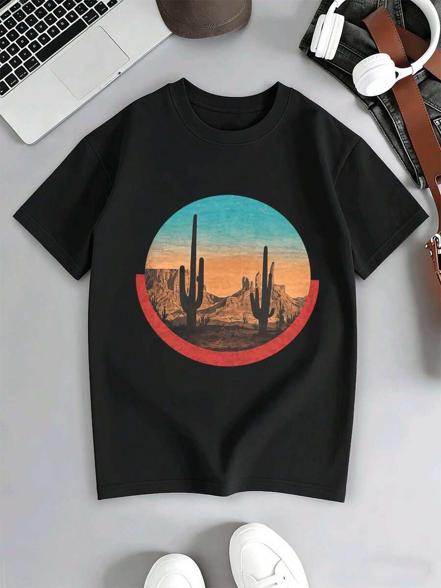 DesertSunsetGraphic M En's T -SHIRT In Soft Cotton, Relaxed Fit, Hip-Hop Street Style, Unique Graphic Print - Black - View 1