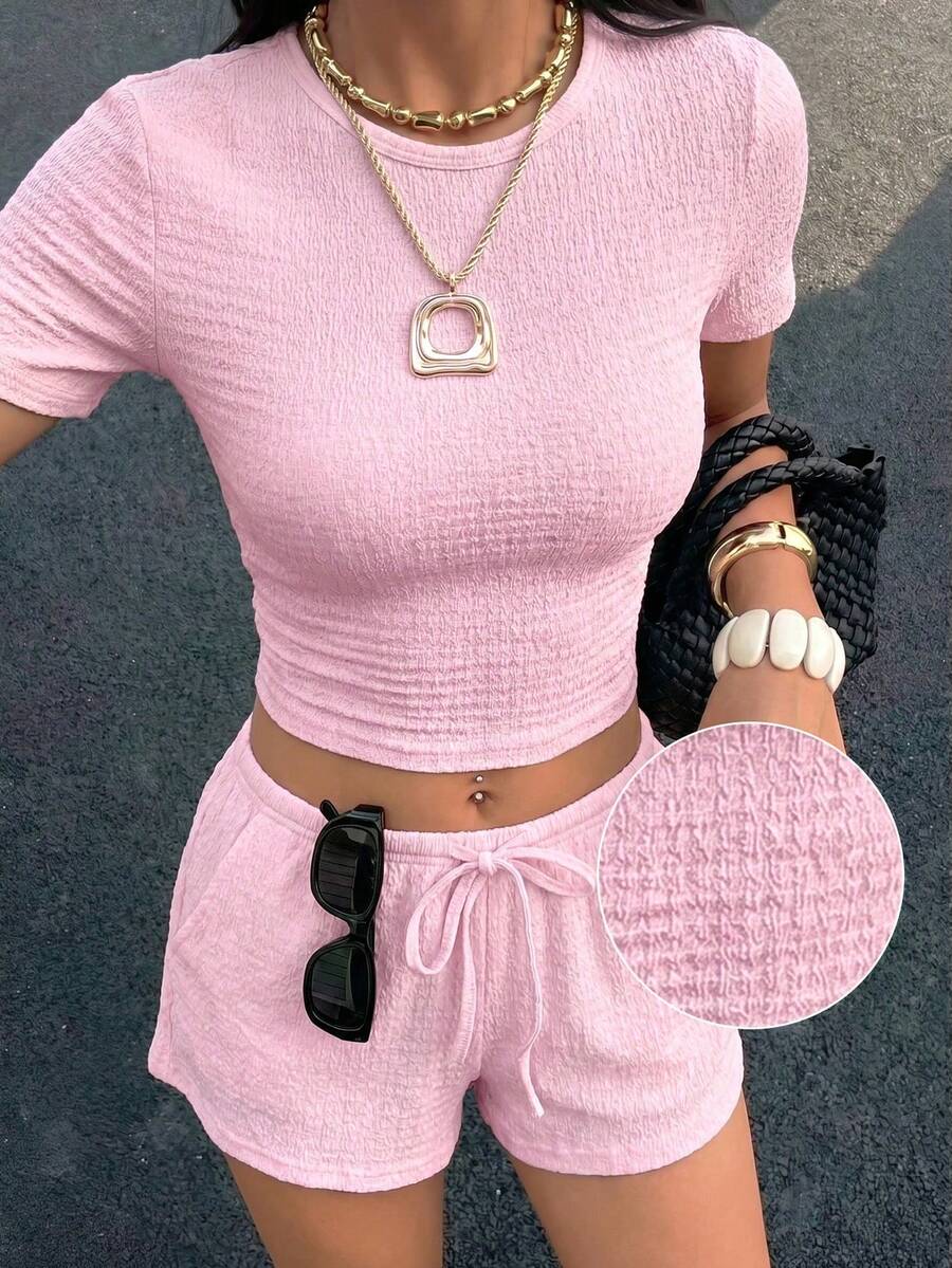 Women's Apricot Knit Minimalist Round Neck Short Sleeve T-Shirt And Drawstring Waist Shorts Casual Homewear Set,Vacation Outfits Women - Rosa - Ver 1
