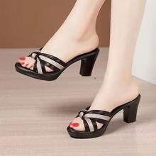 Women's New Summer High Heel Slide Sandals, Fashionable Versatile Mid-Heel Sandals - Black - View 7