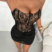 Soqi Women's Clothing  Vestido camisero sexy de mujer con encaje y volantes de contraste - Negro - Ver 1