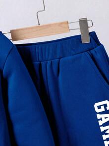 Toddler Letter Pattern Warm Hoodie And Sweatpants - Blue - View 3