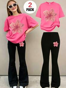 2pcs/Set Teen Girls Pink Floral Print Short Sleeve Flare Pants Soft Casual Summer Outfit - Multicolor - View 1