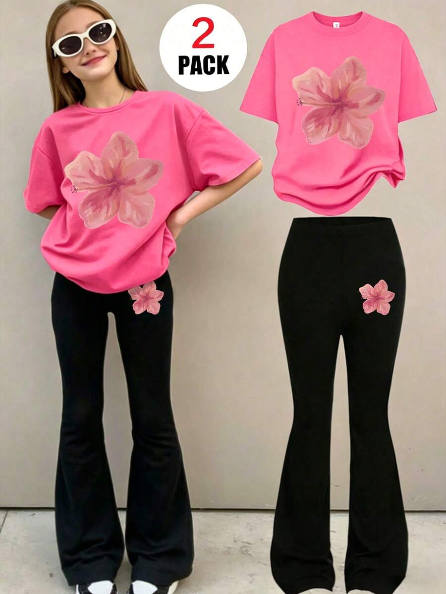 2pcs/Set Teen Girls Pink Floral Print Short Sleeve Flare Pants Soft Casual Summer Outfit - Multicolor - View 1