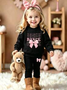 Baby Girl Bow Print Warm Crew Neck Long Sleeve Top And Leggings - Black - View 1