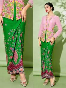女款 Saruang Kebaya，1件裝 Nyonya Kebaya 花卉印花優雅長裙，春/夏款（不含上衣） - 綠色 - 查看 2