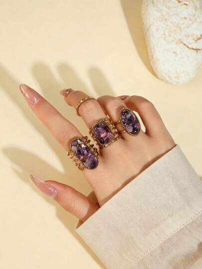 3pcs 304 Stainless Steel Inlaid Resin Purple Crushed Stone Open Ring, French Vintage Niche Design Versatile Open Ring, Adjustable Size, Suitable For Women's Daily Decoration Or Gift