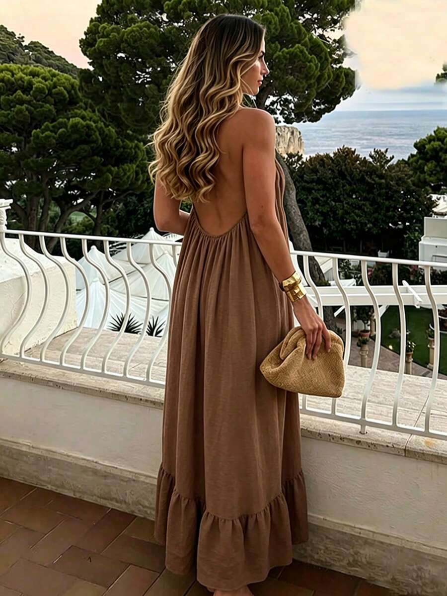 Women's Brown Spaghetti Strap V-Neck Loose A-Line Dress With Ruffle Hem, Vacation Beach Dress - Coffee - View 1