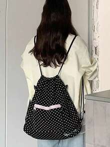 Back To School Season Niche Design Style Fashion Polka Dot Drawstring Cinch Bag Backpack Travel Women College Student Outing Large Capacity Foldable Travel Backpack - Black - View 6