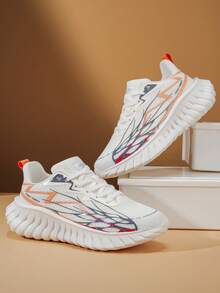 Men's Colorblock Line Design Lace-Up White All-Season Low-Top Sneakers, Versatile Lightweight Comfortable Thick Sole Height-Increasing Running Shoes For Daily Commute And Streetwear - White - View 7