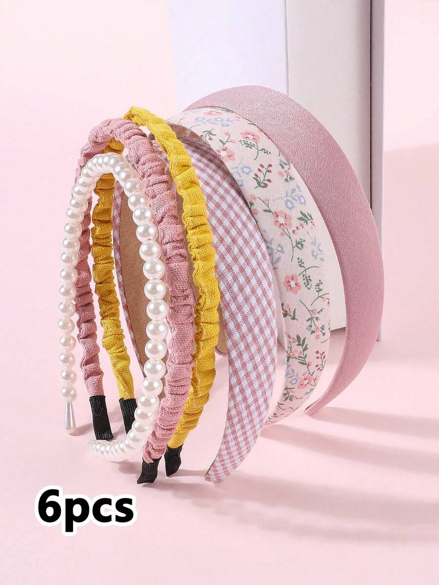 6 piezas Diademas para niñas con estampado floral bohemio/boho, elegante set de accesorios para el cabello con perlas falsas, adecuado para fiestas de vacaciones y uso diario - Multicolor - Ver 1