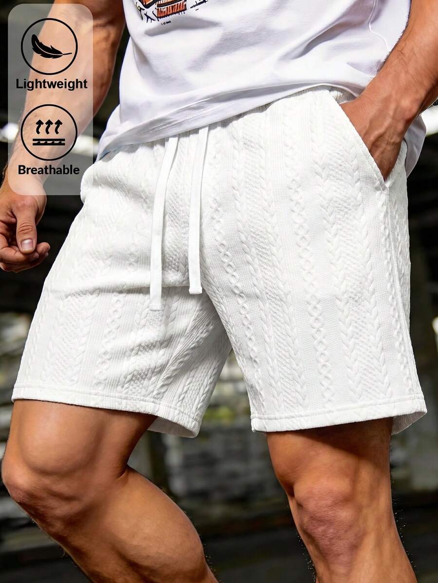 Men's Lightweight Breathable Textured Knit Shorts, Premium Fabric Drawstring Waist Casual Summer Shorts - White - View 1