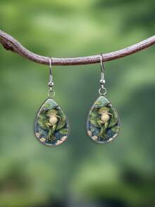 1 Pair Cartoon Fairy Tale Style Water Lily Frog Pattern With 316 Stainless Steel Teardrop Ear Hooks, Minimalist Style Suitable For Women's Daily Gift Wearing Jewelry Earrings, Elegant Minimalist Style Women's Suitable For Daily Vacation Wearing Jewelry Earrings - Olive Green - View 8