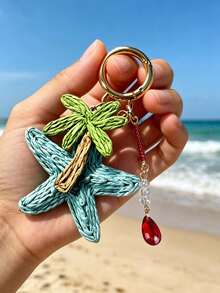 夏季拉菲草海星鑰匙圈，棕櫚樹與海星包飾吊飾配紅色珠子，夏季度假包包配件，波希米亞海灘風包飾，女性裝飾鑰匙環吊飾，適用於背包、錢包、手機、耳機、車鑰匙，完美的假期與禮物選擇，生日禮物、假期禮物、派對禮物、度假禮物、婚禮禮物、開學禮物 - 彩色 - 查看 6