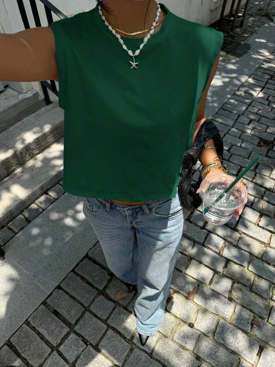 paquete de 3 camisetas sin mangas de cuello redondo 100% algodón en negro, blanco y gris.Diseño minimalista casual y versátil, adecuado para la playa, vacaciones, verano y uso diario. - Verde Oscuro - Ver 1