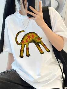 Women's Fashion Casual Loose Fit Cartoon Cat Print Short SleeveT-Shirt, Versatile For Summer White - White - View 6