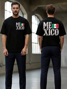 Camiseta Unisex Negra de Manga Corta con Estampado de la Bandera Mexicana - Negro - Ver 1