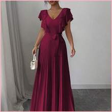 Vestido elegante y romántico para mujer con cuello en V, con volantes en la cintura y silueta evasé - Rojo - Ver 6