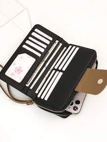 Women's Mini Handheld Phone Wallet, Exquisite Buckle Color-Block Patchwork Soft PU Long Wallet, Multifunctional Large Capacity ID Storage Pouch, Zipper Coin Purse, Lightweight And Fashionable - Black - View 4