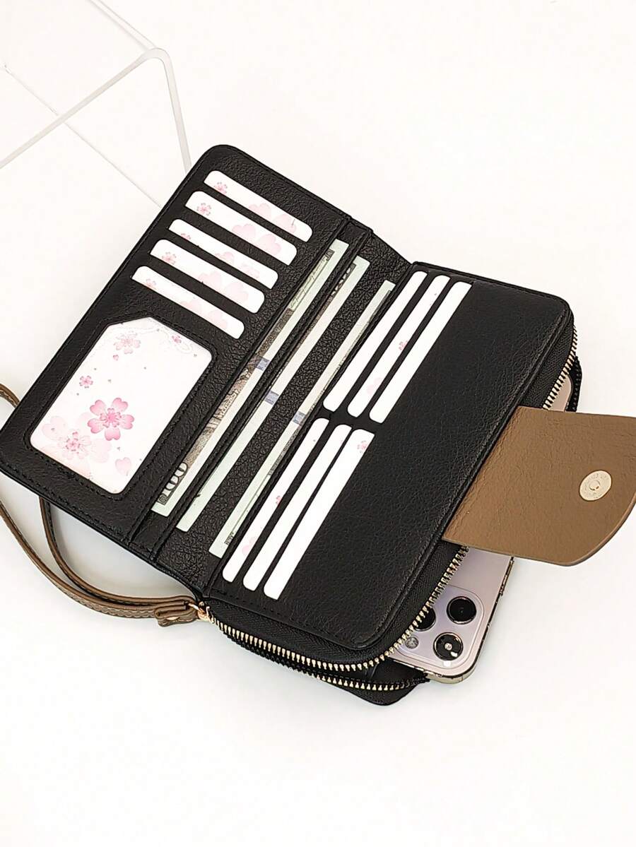 Women's Mini Handheld Phone Wallet, Exquisite Buckle Color-Block Patchwork Soft PU Long Wallet, Multifunctional Large Capacity ID Storage Pouch, Zipper Coin Purse, Lightweight And Fashionable - Black - View 1