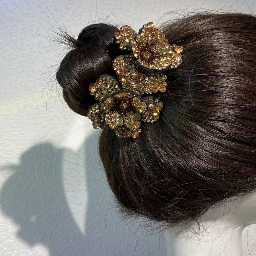 Clips de Garra com Flor de Strass, Clips de Cabelo Grandes para a Parte de Trás da Cabeça, Ferramenta para Coque, Acessório de Cabelo Versátil para Rabo de Cavalo, Clips de Garra - Champagne - Ver 1