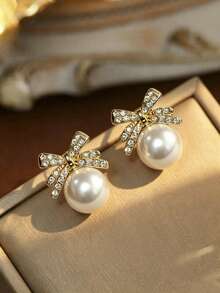 1 đôi bông tai đính ngọc trai giả và đá Rhinestone hình nơ với thiết kế thanh lịch và tinh tế dành cho ngày lễ tình nhân - Nhiều màu - Xem 1