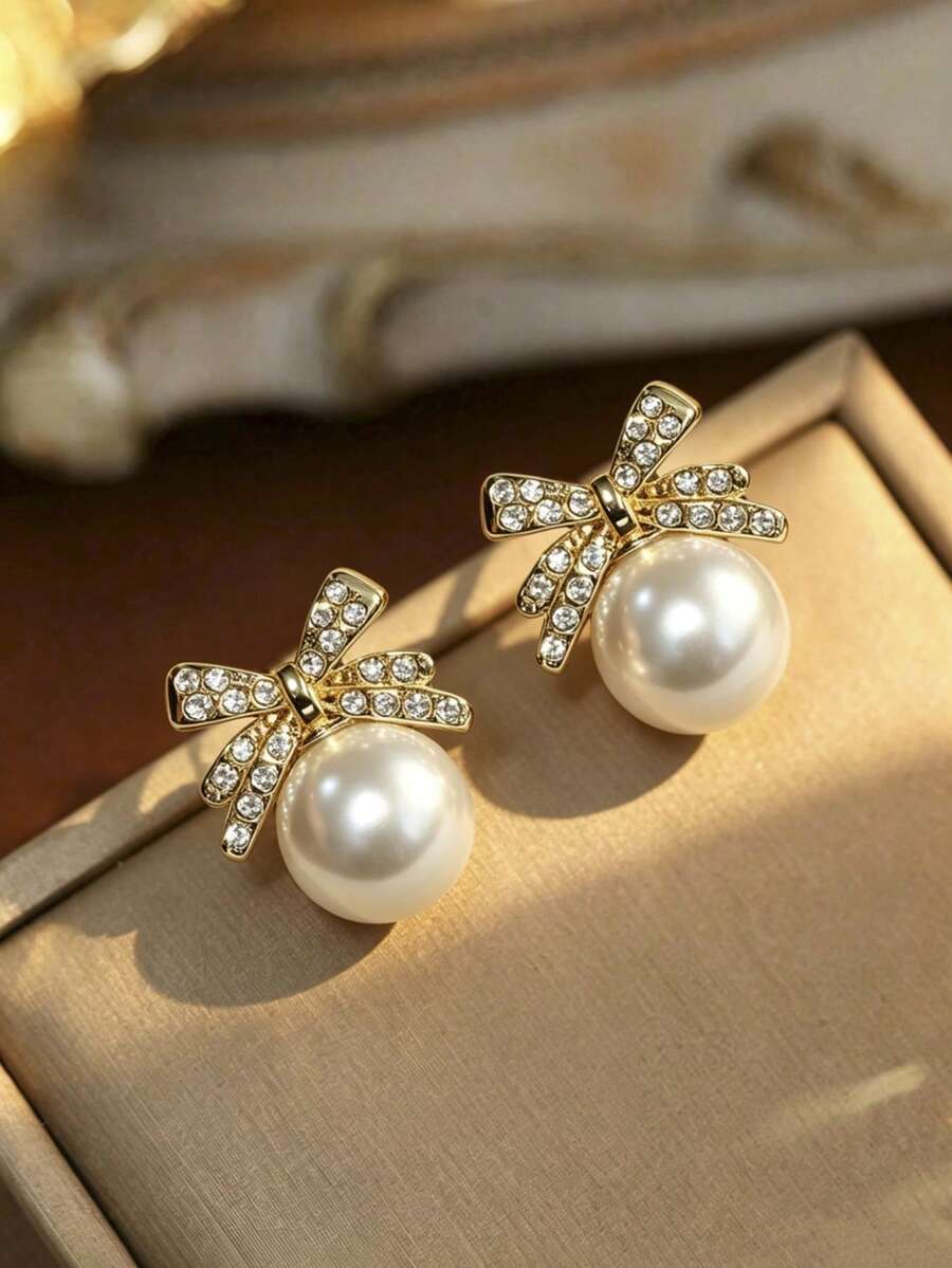 1 đôi bông tai đính ngọc trai giả và đá Rhinestone hình nơ với thiết kế thanh lịch và tinh tế dành cho ngày lễ tình nhân - Nhiều màu - Xem 1