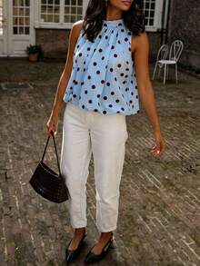 New Women's Bow Woven Fabric Backless Sleeveless Printed Polka Dot Top Tank Shirt Casual Spring Summer Blouse - Blue - View 4
