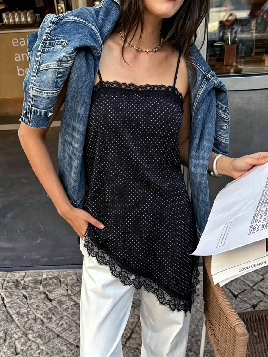 Áo hai dây ngắn nữ, áo tank camisole gợi cảm họa tiết chấm bi viền ren dây đeo bất đối xứng, phù hợp mặc hàng ngày, hẹn hò, tiệc tùng và mặc thường ngày tại nhà, mẫu mới mùa hè ôm sát bất đối xứng cho đi biển nghỉ dưỡng, mặc lót bên trong