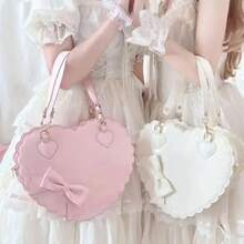 Bolsos de mano de PU con forma de corazón para niñas, decoración con lazos, bolsos de hombro japoneses, monederos de concha Kawaii de dos tamaños, bonitos bolsos de mensajero rosas, regalos - Rosa pequeño - Ver 3