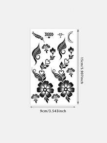 1 Pc Romantic Black Henna Floral Temporary Tattoo Set, Waterproof Long Lasting Fake Tattoo, Intricate Boho Body Art For Hands & Fingers - 黑色 - 查看 5