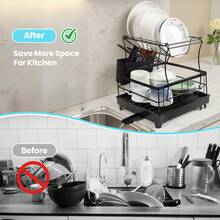 Piorlado 2 Tier Dish Drainer Rack - Dish Rack With Utensil Holder For Kitchen Counter, Large Capacity Space-Saving Dish Drying Rack With Draining Board, Extendable, Black - Black - View 5