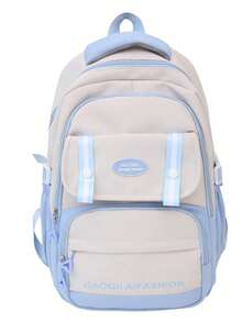 Large Capacity Color Block School Backpack | Beige & Black Bag With Logo & Striped Details | School/Travel/Commute | Bag,Y2k - Multicolor - View 13
