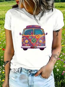 Women's T-Shirt, Colorful Bus, Light Everyday Outfit - White - View 1