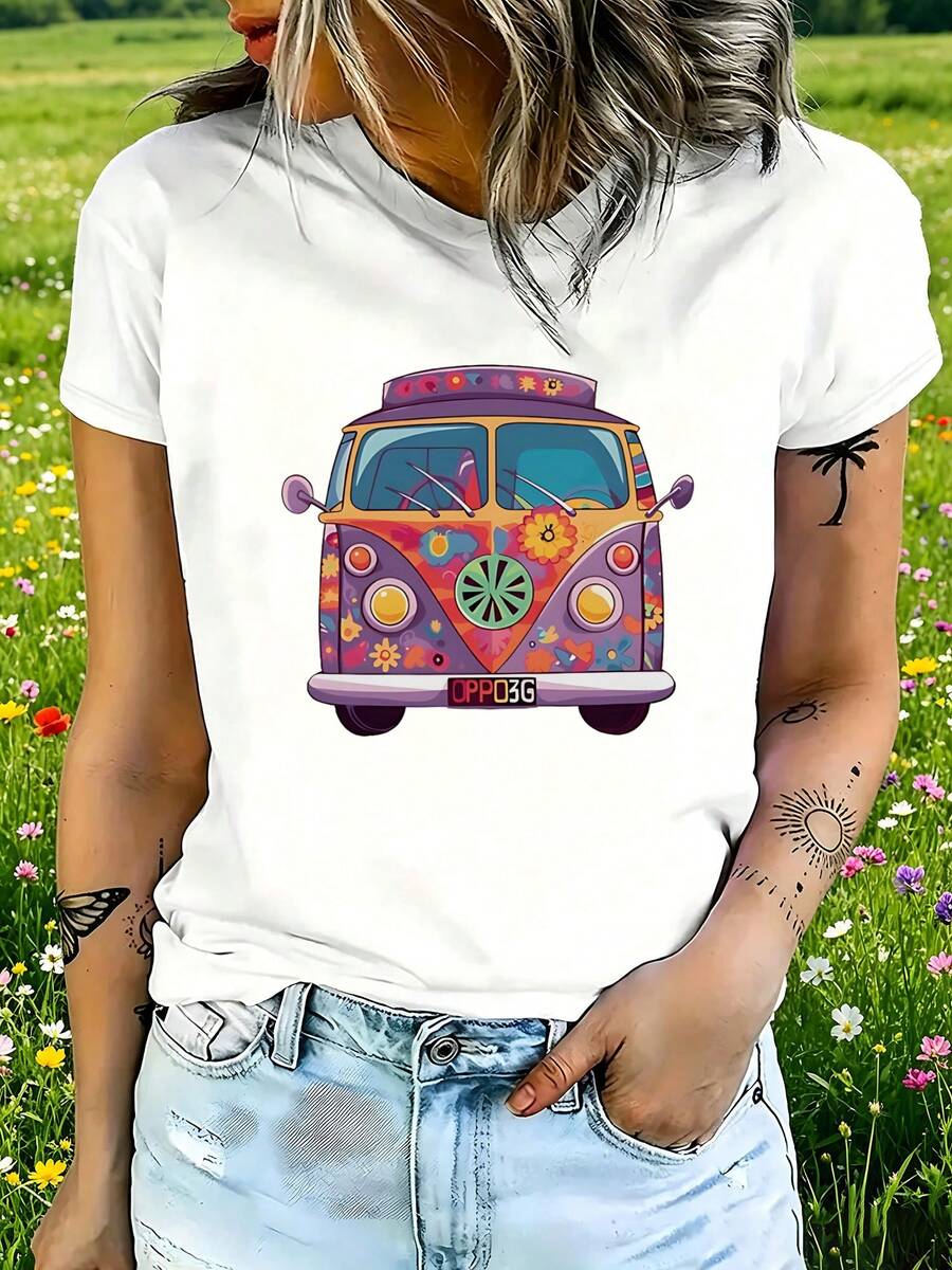 Women's T-Shirt, Colorful Bus, Light Everyday Outfit - White - View 1