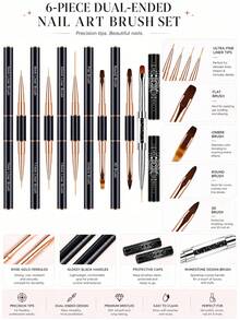 6支/1支 雙頭光療勾線筆美甲刷組，建構膠刷，鑲水鑽手柄美甲勾線刷，高品質不掉毛柔軟尼龍刷毛，適用於居家與專業美甲沙龍，適合美甲接長、凝膠、UV凝膠與指甲油，可用於畫線、細膩彩繪、美甲花卉與圖案設計 - 彩色 - 查看 3