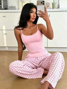 2pcs/Set Women's Summer New Style, Solid Color Camisole Tank Top And Plaid Long Pants Pajama Set - Pink - View 4