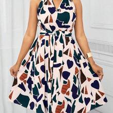 Lady Vestido para mujer con estampado geométrico y lazo en la cintura, para uso en vacaciones de verano - Multicolor - Ver 4