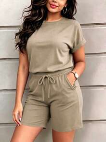 Spring/Summer/Autumn Women's Solid Color Short Sleeve Retro Round Neck T-Shirt & Elastic Waist Drawstring Shorts, PJ-Style Outfit Elegant - Apricot - View 2