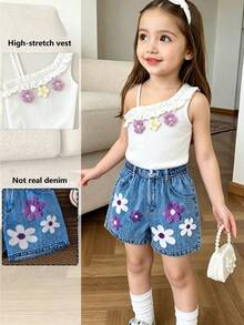 2pcs/Set Toddler Girls' Sweet White Spaghetti Strap Ruffle Floral Tank Top And Shorts Set, Suitable For Beach Vacation, Photo Shoot, School, Family Activities, Casual Daily Wear, Outdoor Play - White - View 3