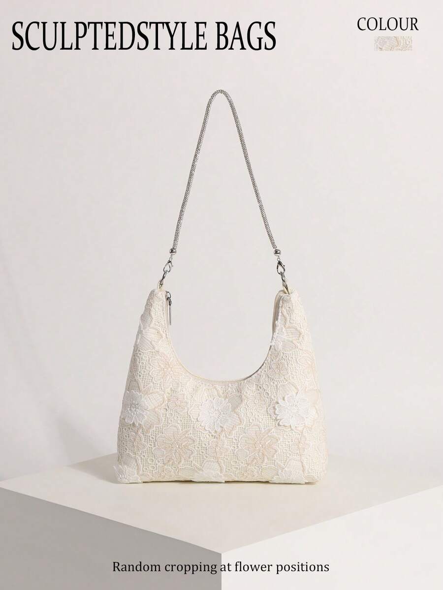 Yellow-Green Lace Hollow Floral Hobo Shoulder Bag With Rhinestones For Women, Suitable For Vacation (Floral Pattern Randomly Distributed) - Beige - View 1