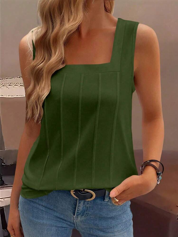 Nuevo top de mujer sin mangas de verano de tirantes anchos y cuello cuadrado holgado - Verde militar - Añade 1