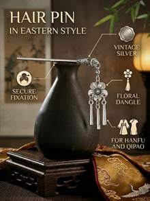 Handcrafted Alloy Hairpin With Dangling Tassels & Floral Design Antique Silver Tone - Silver - View 7