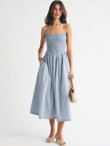 Striped Bandeau Strappy Dress With Open Back And Pockets, A-Line Length - Blue - View 7
