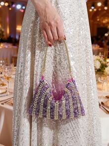 New Evening Bag With Rhinestone Decor, Elegant Handbag For Banquet, Portable Zipper Pouch For Party And Gathering, European And American Style Exquisite Clutch, Formal Dress Bag, Fashionable Evening Purse - Purple - View 3