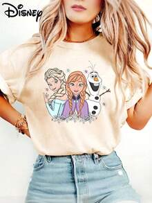 Disney Official Licensed Frozen Elsa Anna Olaf Print T-Shirt For Women, Soft & Cozy, Casual Top For Daily Wear - 杏色 - 查看 1