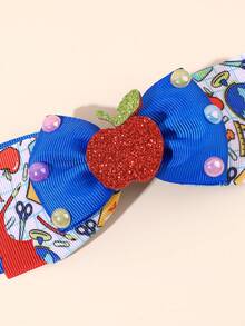 1pc Back To School Hair Bow For Girls Cute Pencil Apple Bow Hair Clip Blue Red Grosgrain Ribbon Hair Barrette Tees Hair Accessories - Blue - View 6