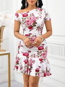 Lady Vestido elegante con estampado floral, drapeado y bajo asimétrico para mujer - Multicolor 4 - Ver 1