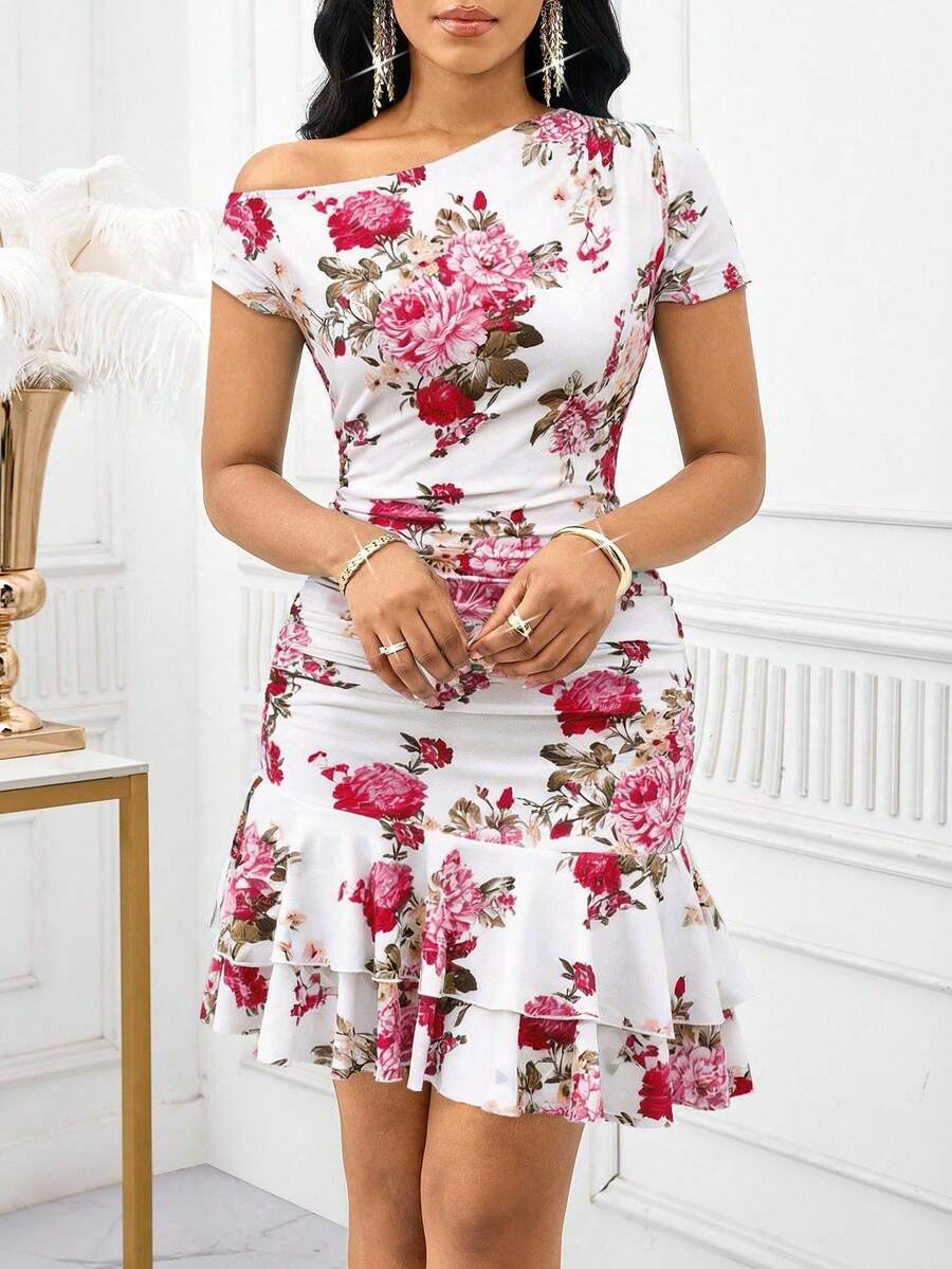 Lady Vestido elegante con estampado floral, drapeado y bajo asimétrico para mujer - Multicolor 4 - Ver 1